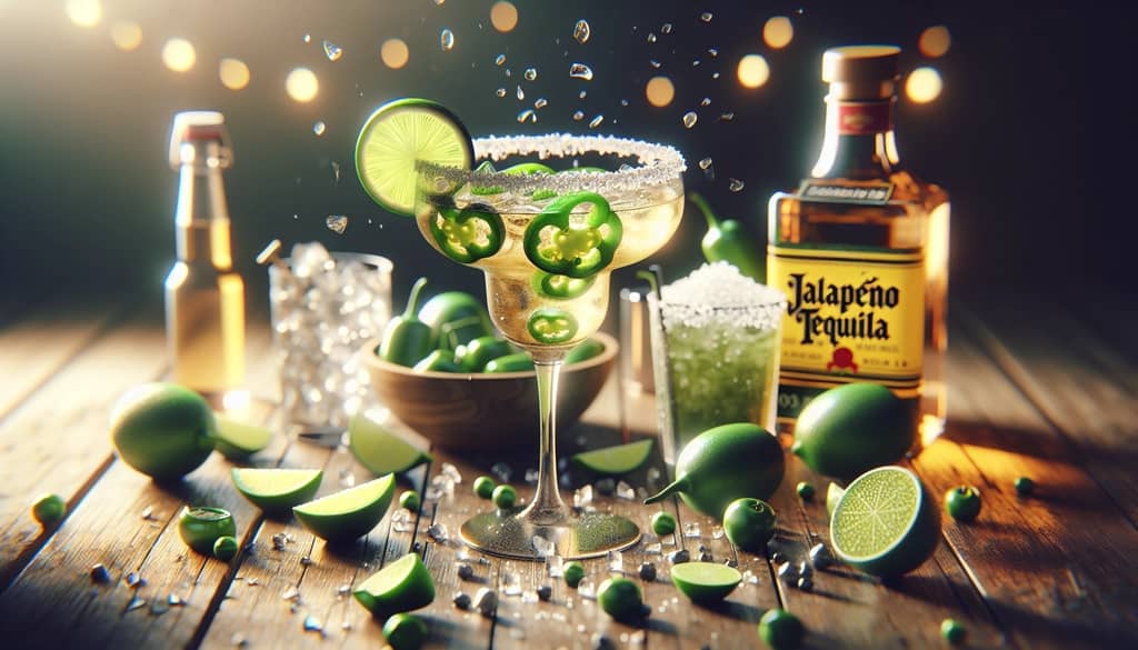 A beautifully crafted jalapeño tequila margarita, complete with lime wedge garnish and a salted rim, ready to be enjoyed.
