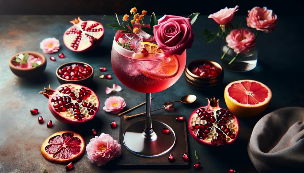 A beautifully crafted Pomegranate Rose Gin Fizz cocktail showcasing its vibrant color and floral garnishes