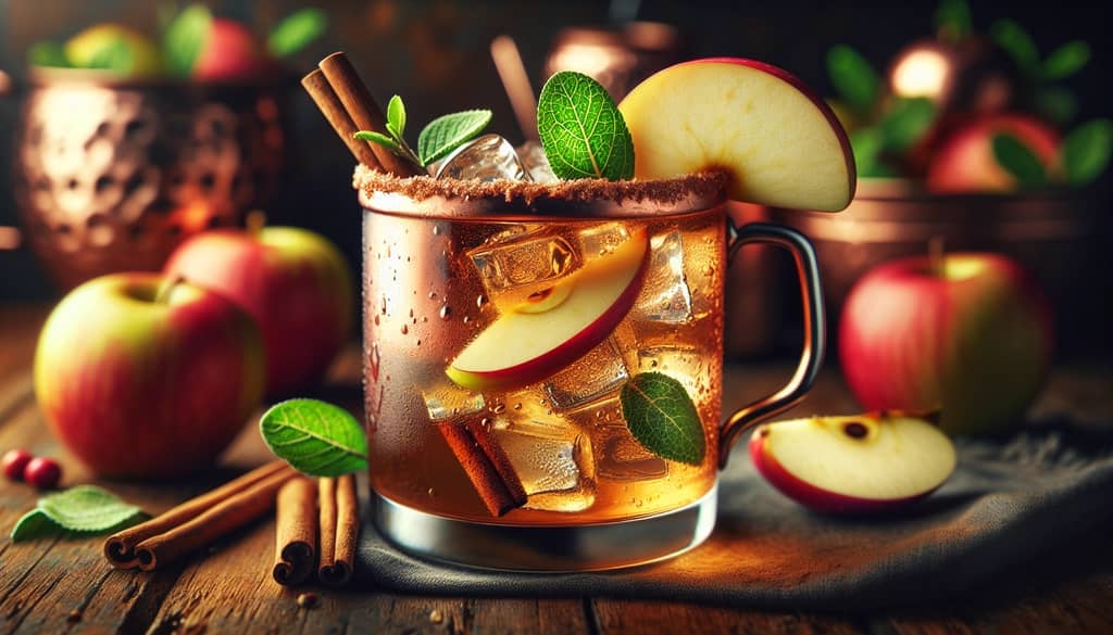 A beautifully garnished Apple Cider Mule with apple slices and a cinnamon stick, highlighting its festive presentation.