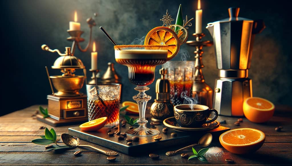 A beautifully garnished espresso and orange-infused margarita with suggested presentation and garnish techniques