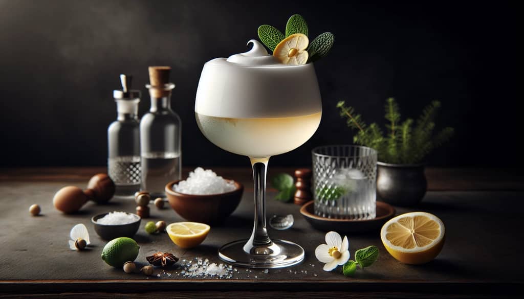A beautifully garnished Gin Sour cocktail with a frothy top, capturing its classic elegance enhanced by egg white