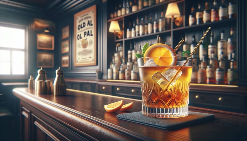 A beautifully garnished Old Pal Cocktail with a citrus twist on a wooden bar counter