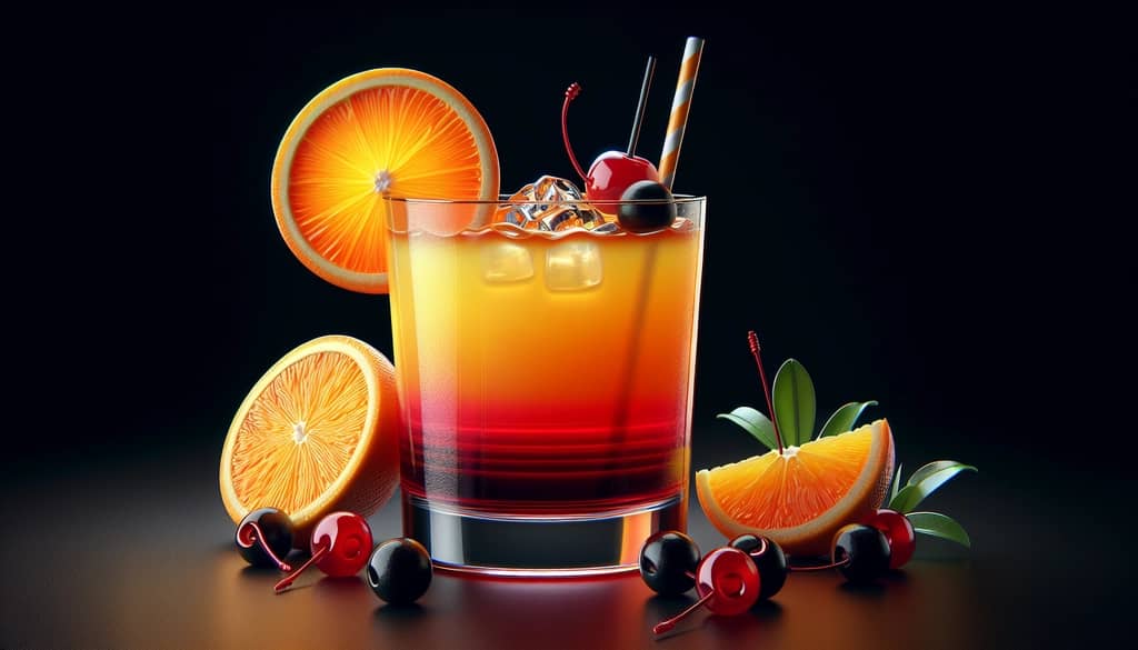 A beautifully layered classic Virgin Tequila Sunrise with vivid orange and red hues, garnished with an orange slice and cherry.