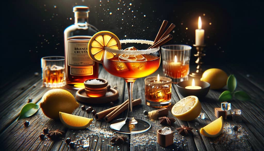 A beautifully presented Brandy Crusta cocktail with sugar-crusted rim and lemon garnish