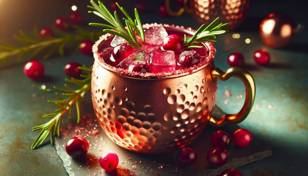 A beautifully presented Cranberry Moscow Mule served in a copper mug with festive garnishes like rosemary and sugar-rimmed edges.