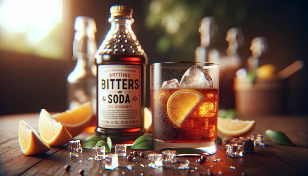 A bottle of bitters and a refreshing glass of bitters and soda, showcasing key elements of the drink.