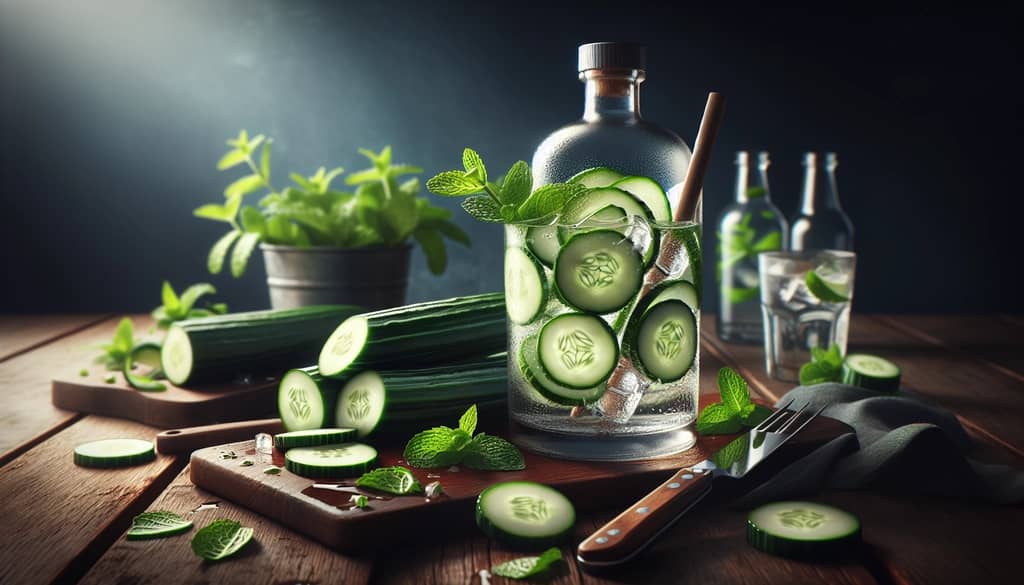 A bottle of gin being infused with cucumber slices and mint for a flavorful cocktail twist