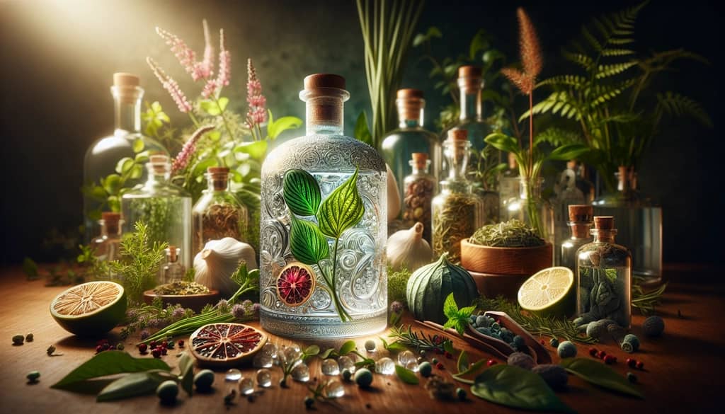 A bottle of gin, surrounded by botanical ingredients, highlighting its complex and flavorful profile.