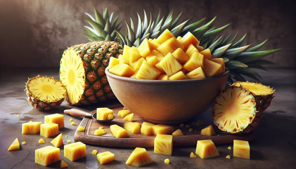 A bowl filled with fresh pineapple chunks, rich in vitamins and minerals essential for health.
