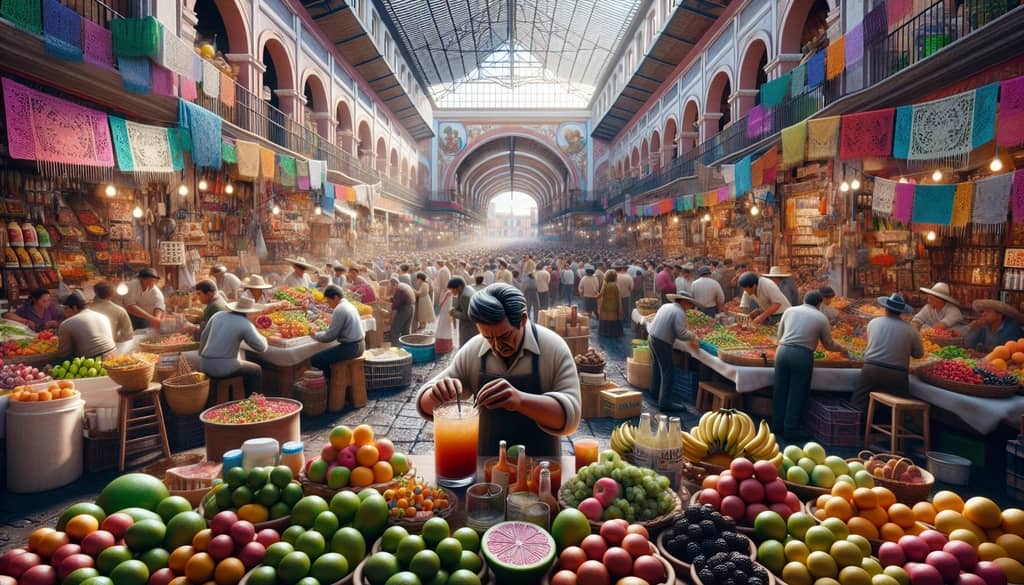 A busy Mexican market in Jalisco with a vendor preparing Cantarito cocktails amongst fresh fruits