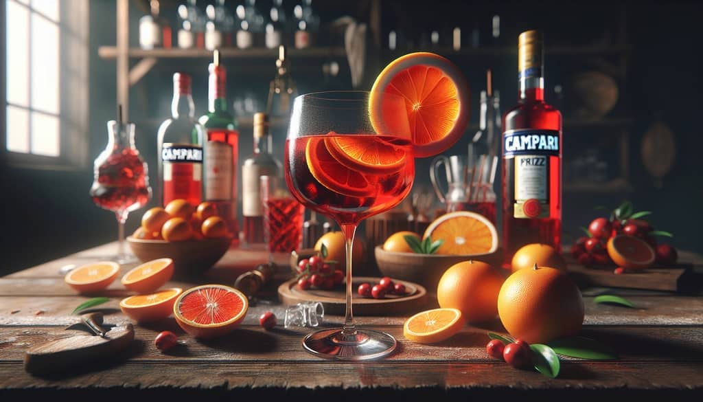 A Campari spritz with its signature vibrant red color, garnished with an orange slice, highlighting its bold and intense flavor.
