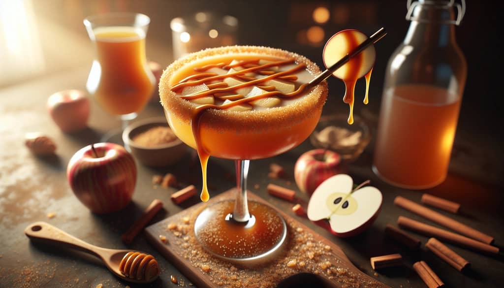 A Caramel Apple Cider Mimosa with a sugar-rimmed glass and caramel drizzle