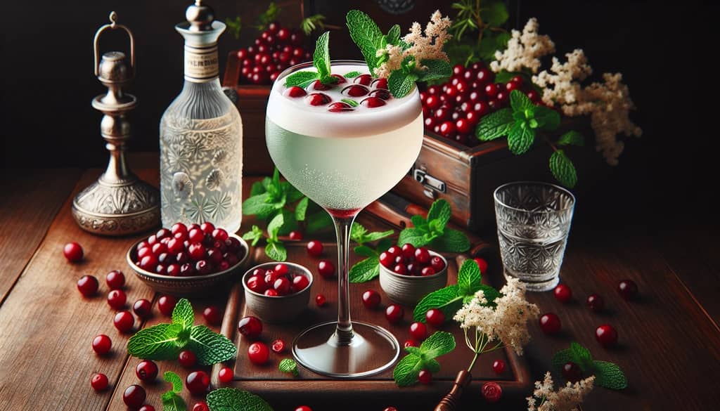 A chic White Cranberry Mimosa garnished with mint and fresh cranberries, offering a floral touch with elderflower liqueur.