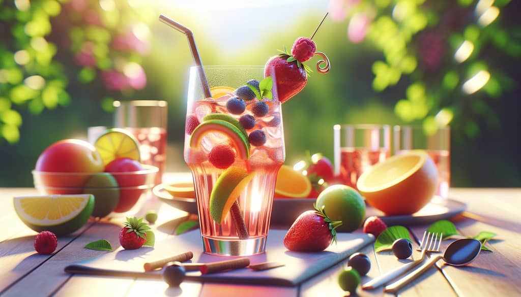 A chilled glass of rosé spritzer, garnished with fresh summer fruits, sitting on a sunlit table.