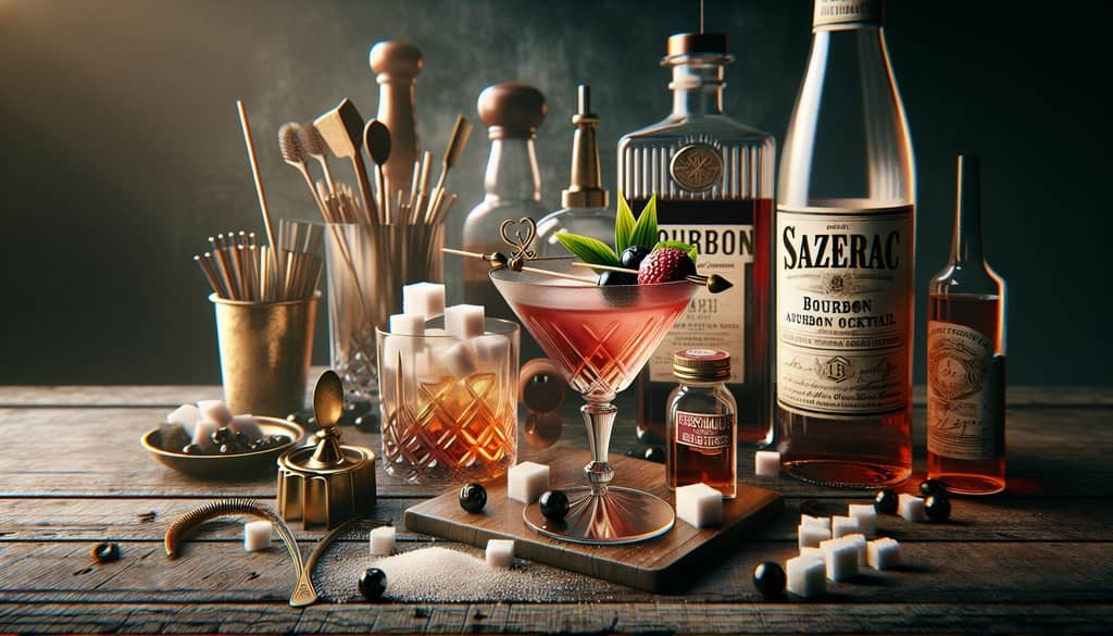 A classic Bourbon Sazerac cocktail presented with its ingredients—bourbon, absinthe, sugar cube, and Peychaud's bitters.
