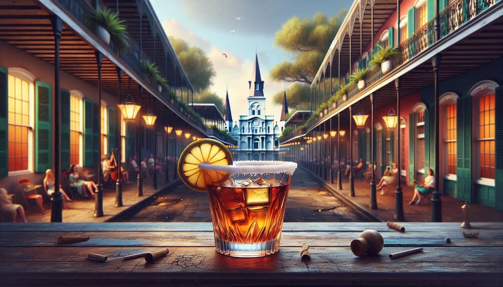 A classic Brandy Crusta cocktail with a sugar-crusted rim set against the historical backdrop of New Orleans