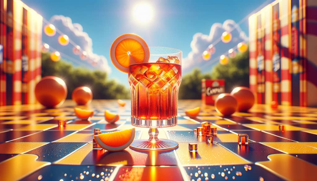 A classic Campari and Soda cocktail with a vibrant orange slice against a sunny background.