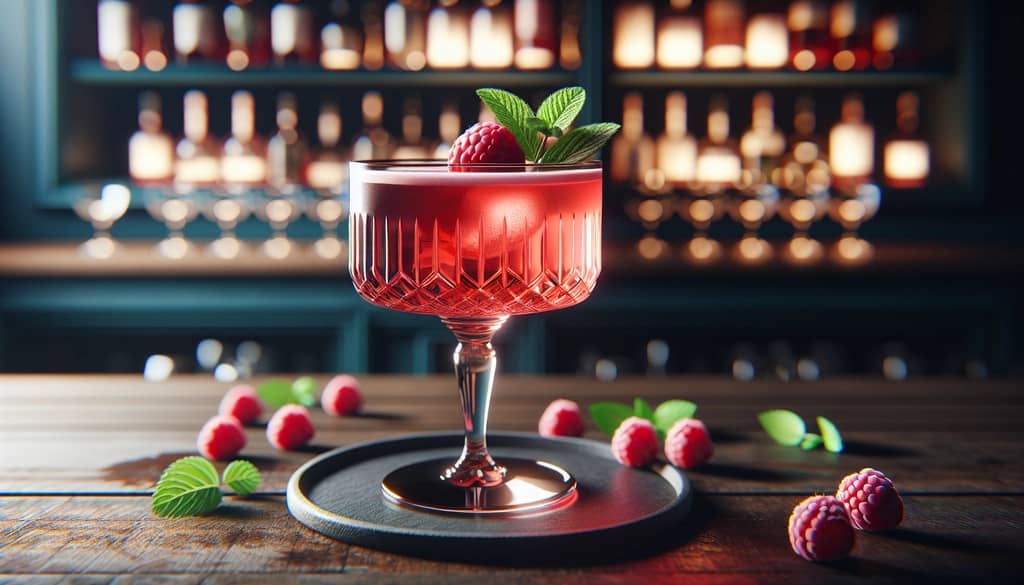 A classic Clover Club cocktail presentation featuring its signature rosy hue and garnishes