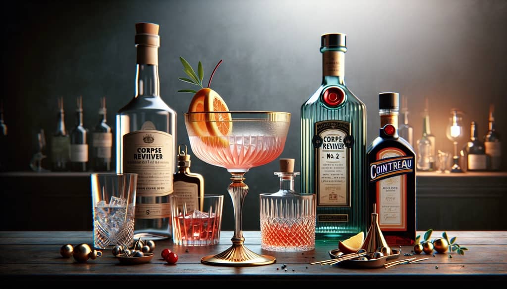 A classic Corpse Reviver No. 2 cocktail surrounded by its varied ingredients like gin, Cointreau, and absinthe