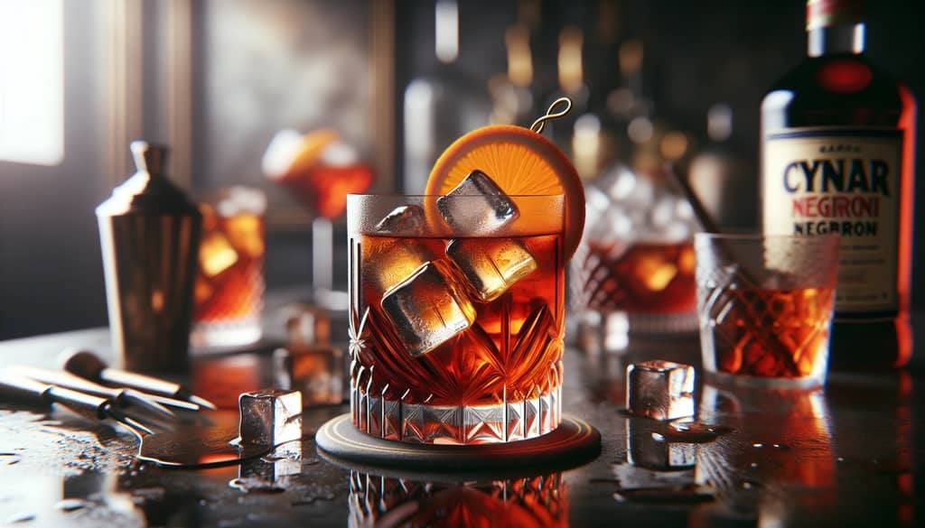 A classic Cynar Negroni with an orange twist, a refreshing take on the legendary cocktail