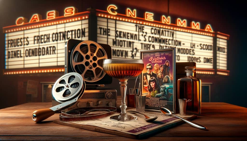 A classic French Connection Cocktail set amidst the backdrop of 1970s cinematic culture