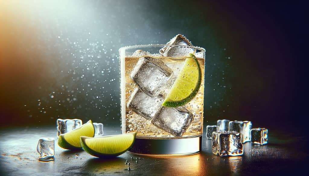 A classic highball glass filled with ice, tequila, and ginger ale garnished with a lime wedge