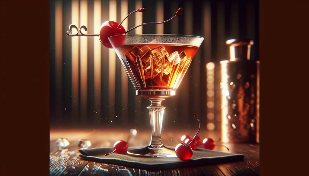 A classic Manhattan cocktail with a maraschino cherry in an elegant cocktail glass