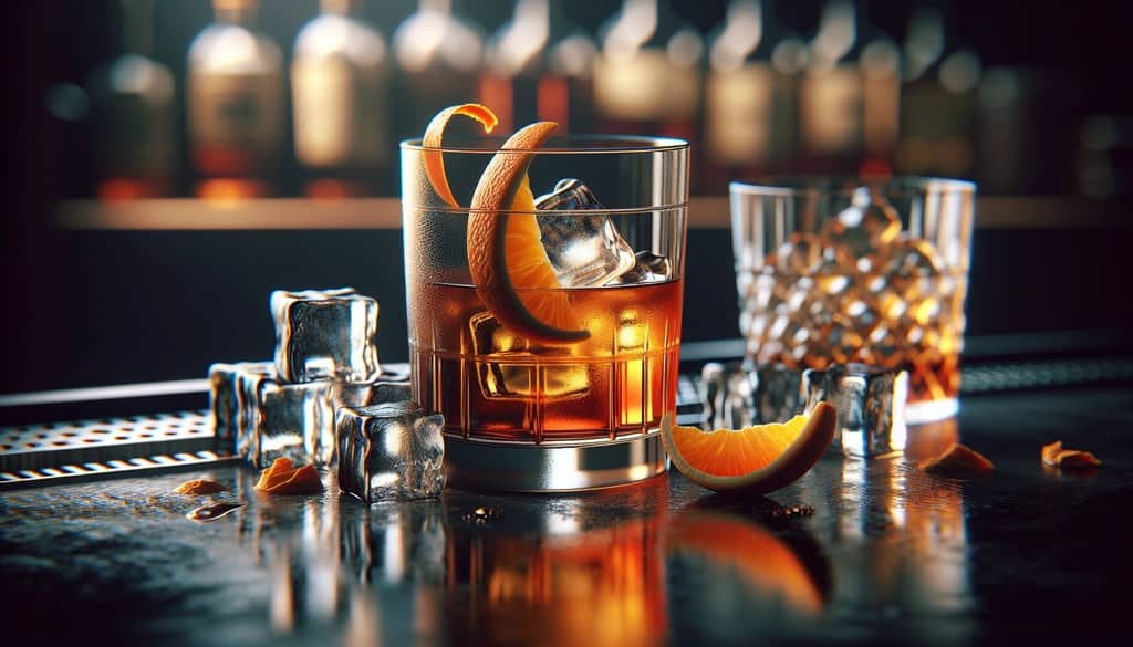 A classic Old Fashioned cocktail on a bar counter, emphasizing the traditional whiskey flavor.