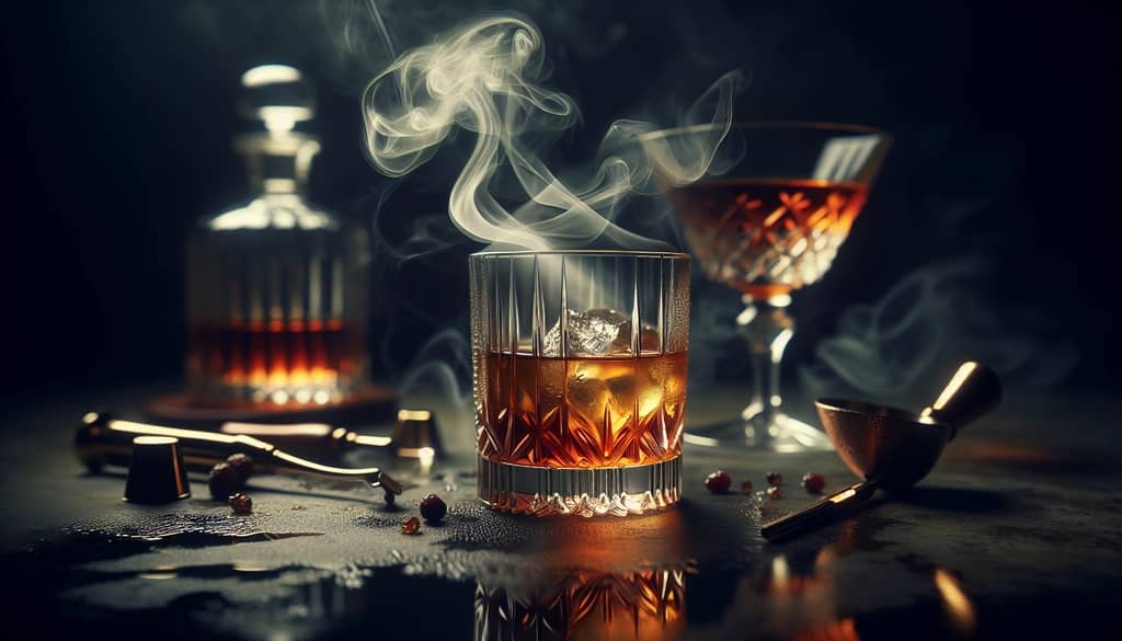 A classic Old Fashioned cocktail with a smoky twist captured in an elegant setting, reflecting the article's exploration.
