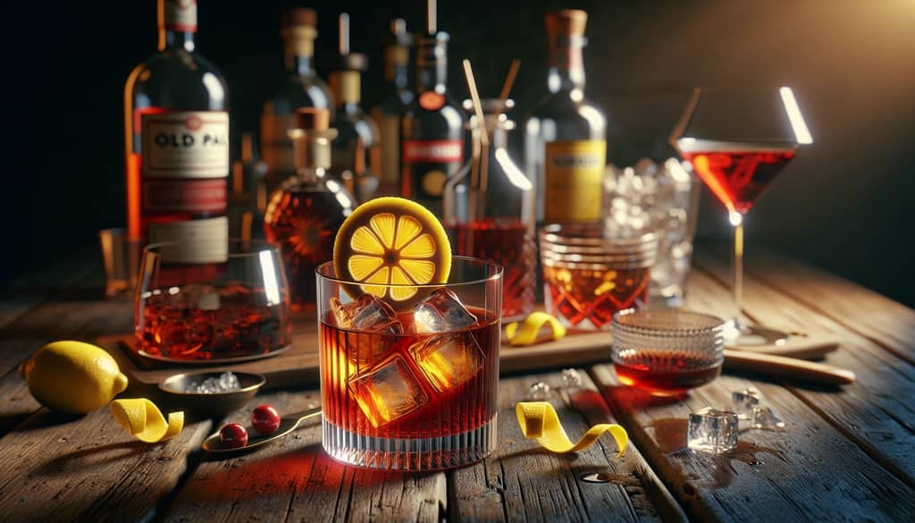 A classic Old Pal cocktail garnished with lemon peel, showcasing a perfect blend of rye whiskey, dry vermouth, and Campari