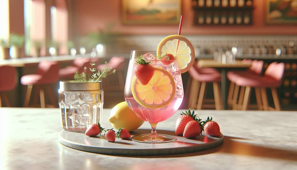 A classic pink gin and lemonade cocktail garnished with a lemon wheel and strawberries