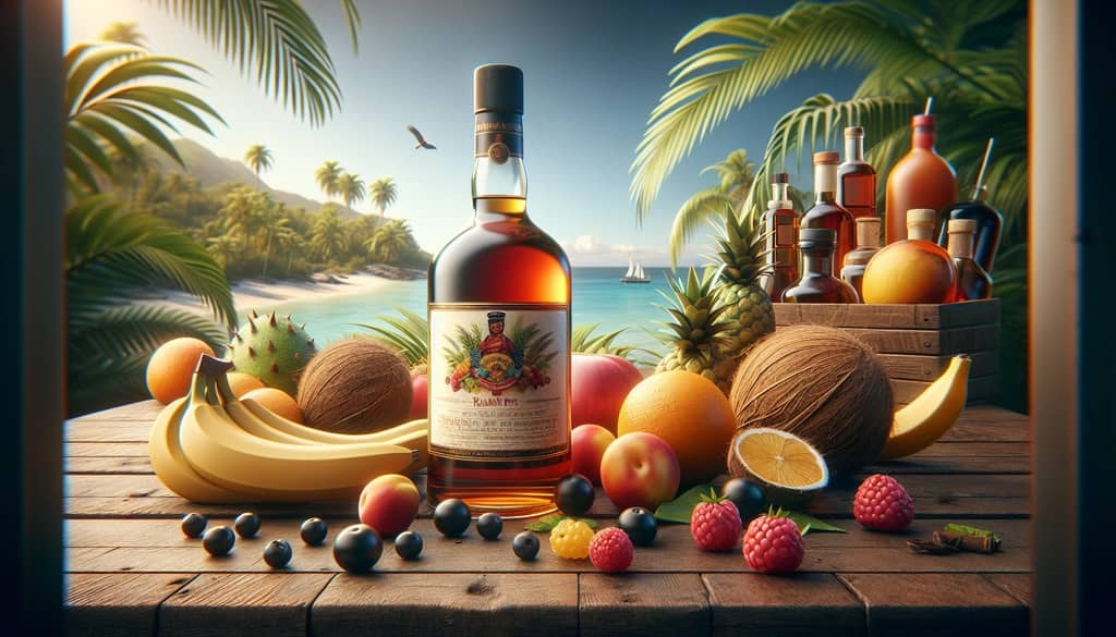 A classic rum bottle with tropical fruits, highlighting the essence of Caribbean beverage culture