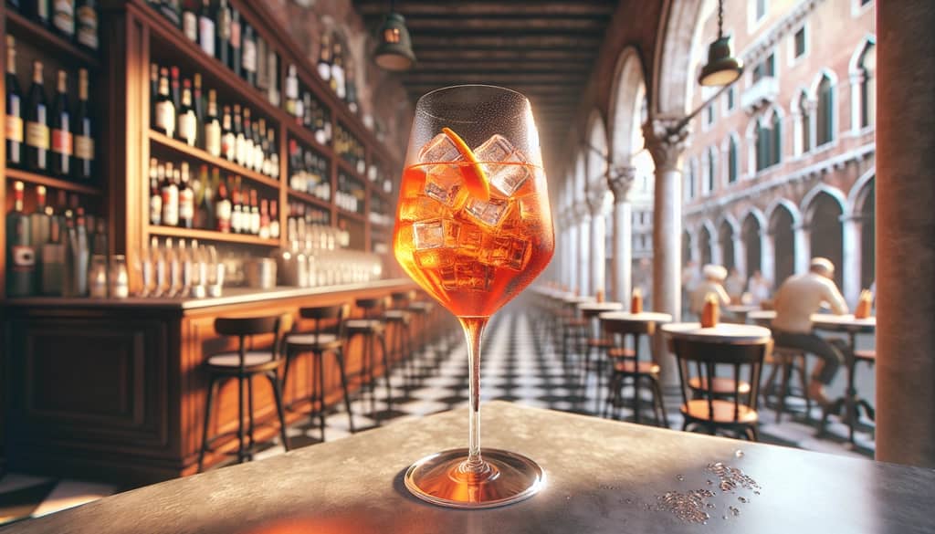 A classic Spritz Veneziano served with Aperol and Prosecco, representing Venetian tradition.