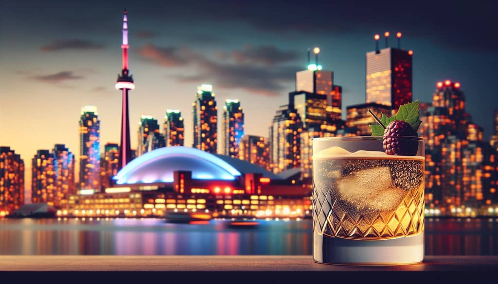 A classic Toronto cocktail set against the backdrop of the city's vibrant skyline, symbolizing its rich cultural and cocktail history