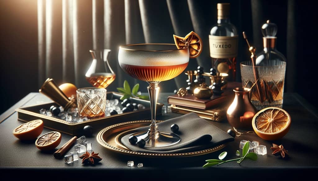 A classic Tuxedo cocktail elegantly displayed with a coupe glass and garnishes, capturing the essence of sophistication.