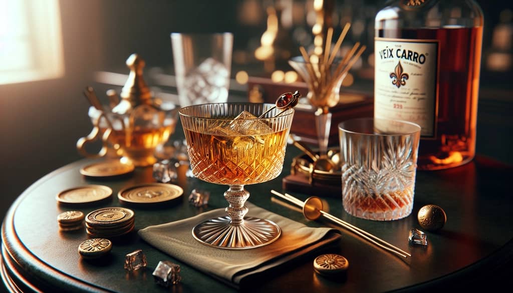 A classic Vieux Carré cocktail in an elegant glass, showcasing its rich New Orleans heritage.