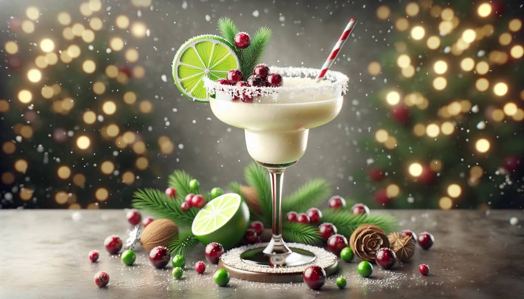 A classic White Christmas Margarita elegantly garnished with lime and cranberries, highlighting its coconut-infused creamy texture.