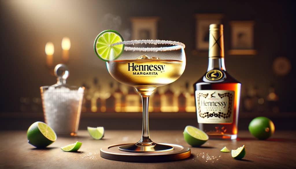 A classy Hennessy Margarita garnished with lime and served in a salted-rim glass.