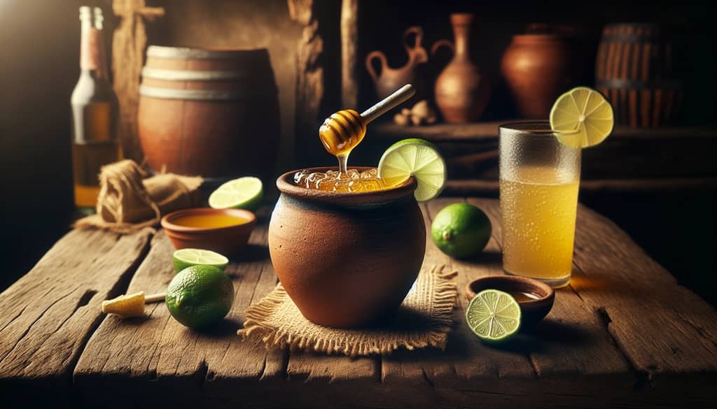 A clay cup filled with the traditional Canchanchara cocktail made from honey, lime juice, and aguardiente