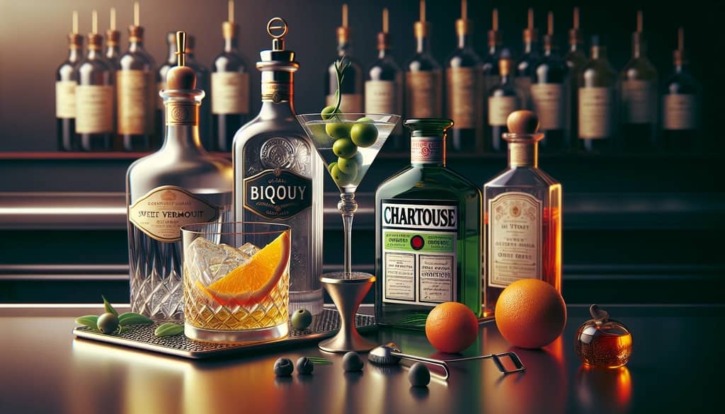 A close-up image of Bijou Cocktail ingredients: gin, sweet vermouth, green Chartreuse, and orange bitters.