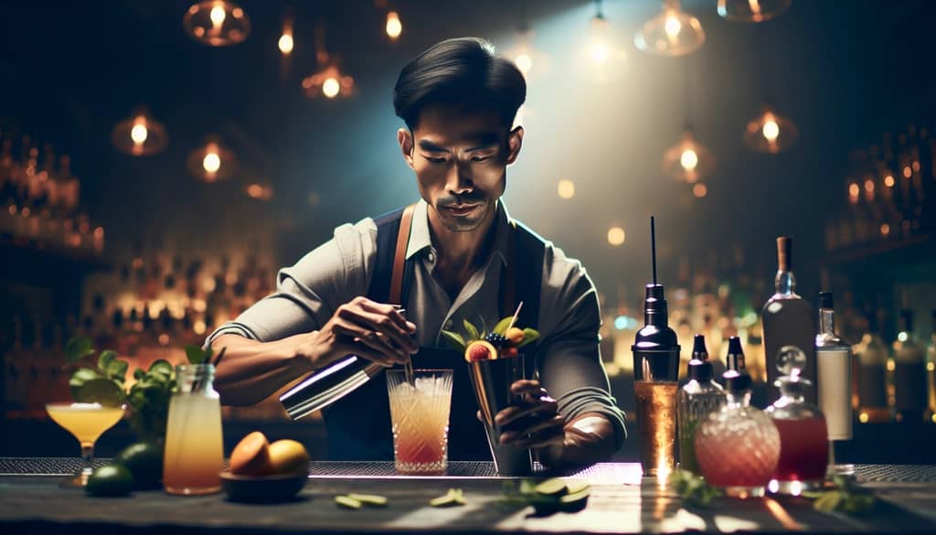 A close-up of a bartender creating a party cocktail, showcasing the art of mixology with colorful ingredients.
