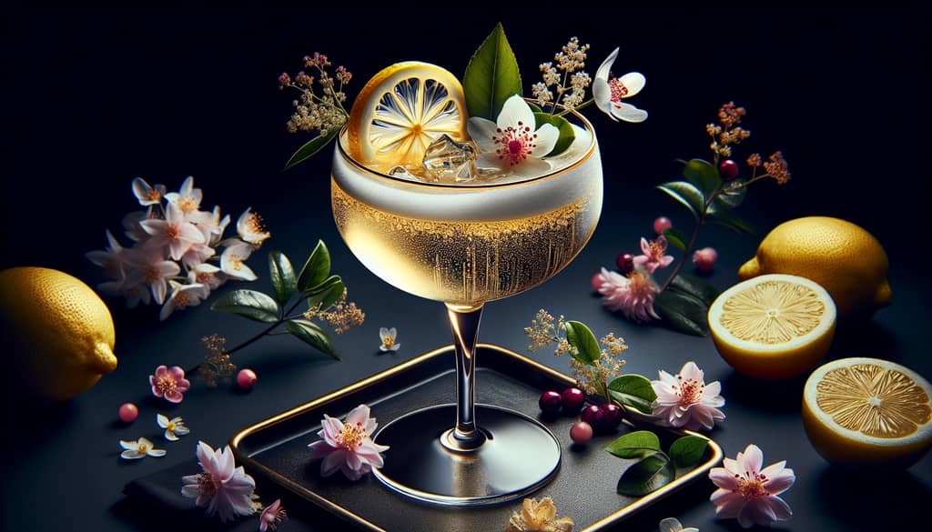 A close-up of a champagne cocktail with elderflower liqueur, garnished with a lemon twist, capturing its sophisticated and floral essence.