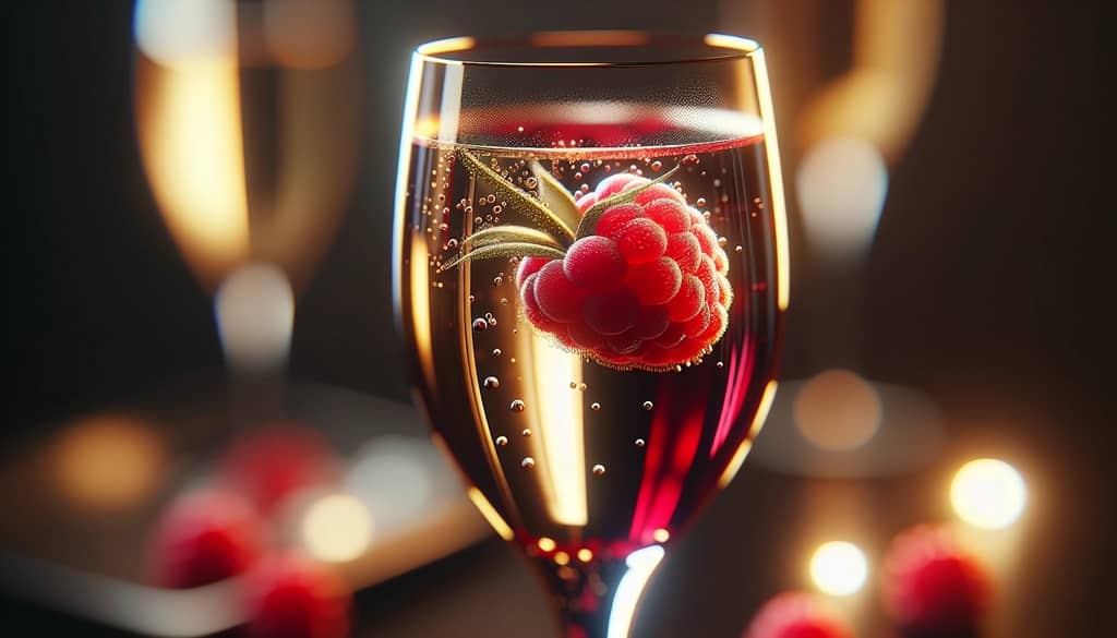 A close-up of a Champagne flute with Chambord and Champagne, showcasing the vibrant raspberry garnish floating inside.
