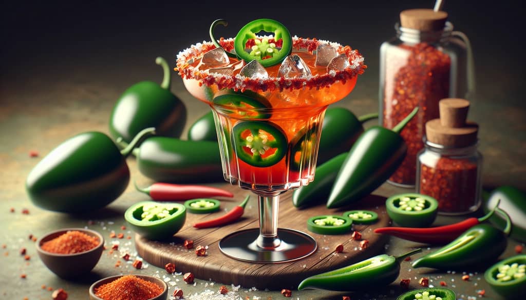 A close-up of a spicy Casamigos Margarita with jalapeño slices and a chili-salt rim