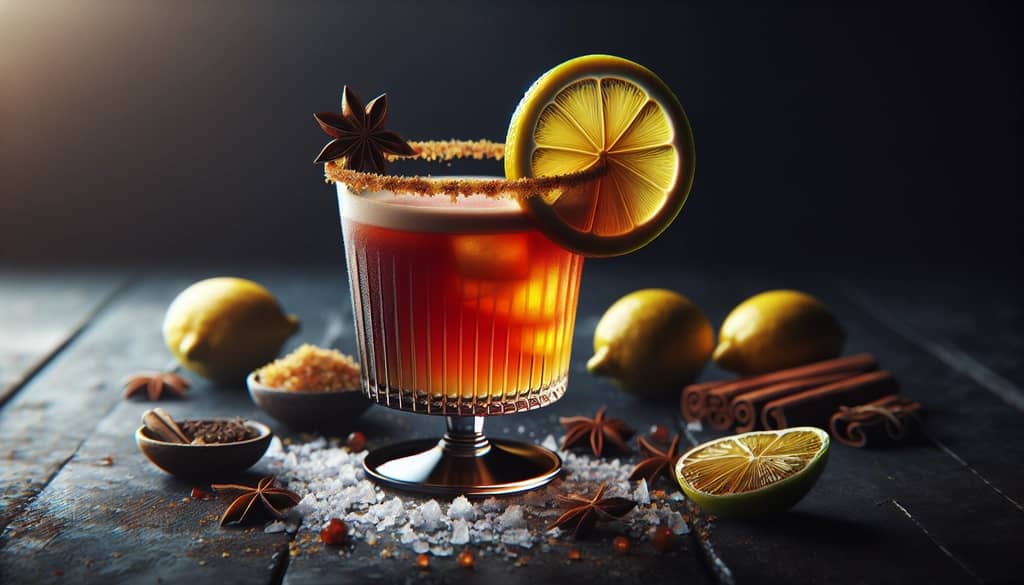 A close-up of a Trinidad Sour cocktail, highlighting its distinctive rich hue and garnished with a lemon twist.