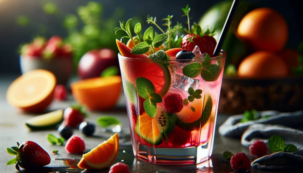 A close-up of a vibrant, fruit-infused mocktail garnished with fresh herbs in a stylish glass