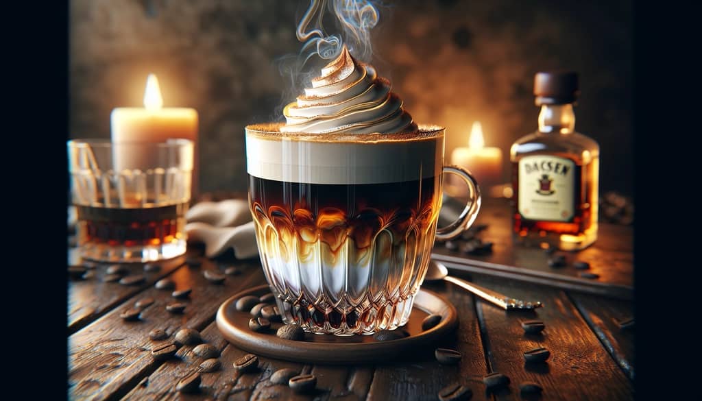 A close-up of an Irish Coffee in a glass, showcasing its layered structure and enticing aroma