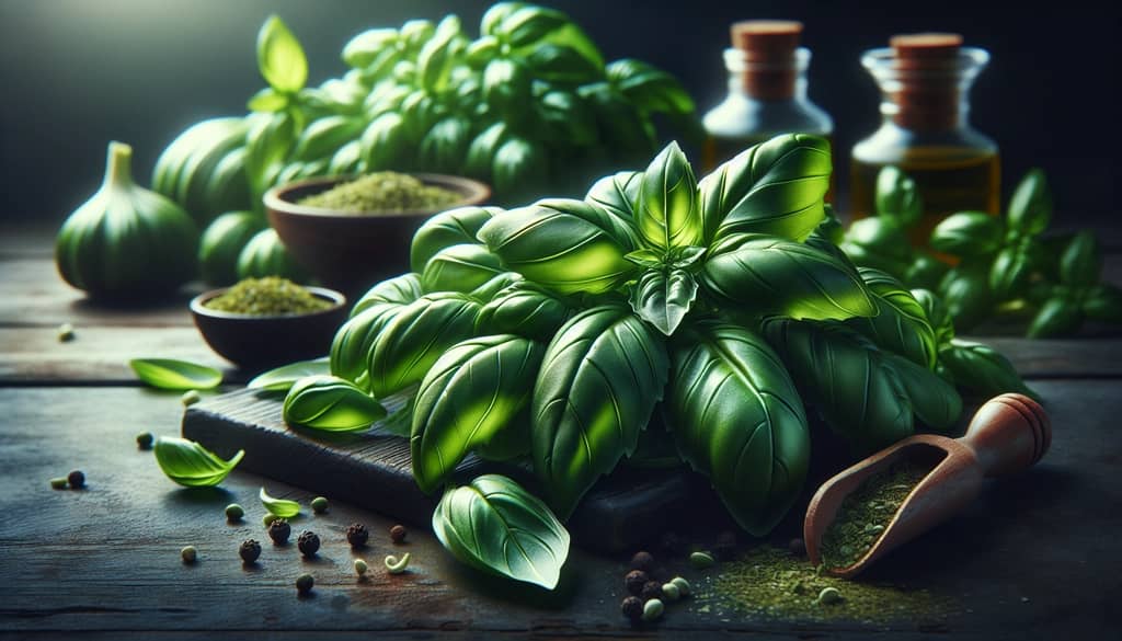 A close-up of basil leaves highlighting their smooth texture and rich green hue