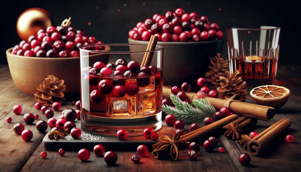 A close-up of bourbon and cranberry, showcasing the essential ingredients for a festive cocktail blend.