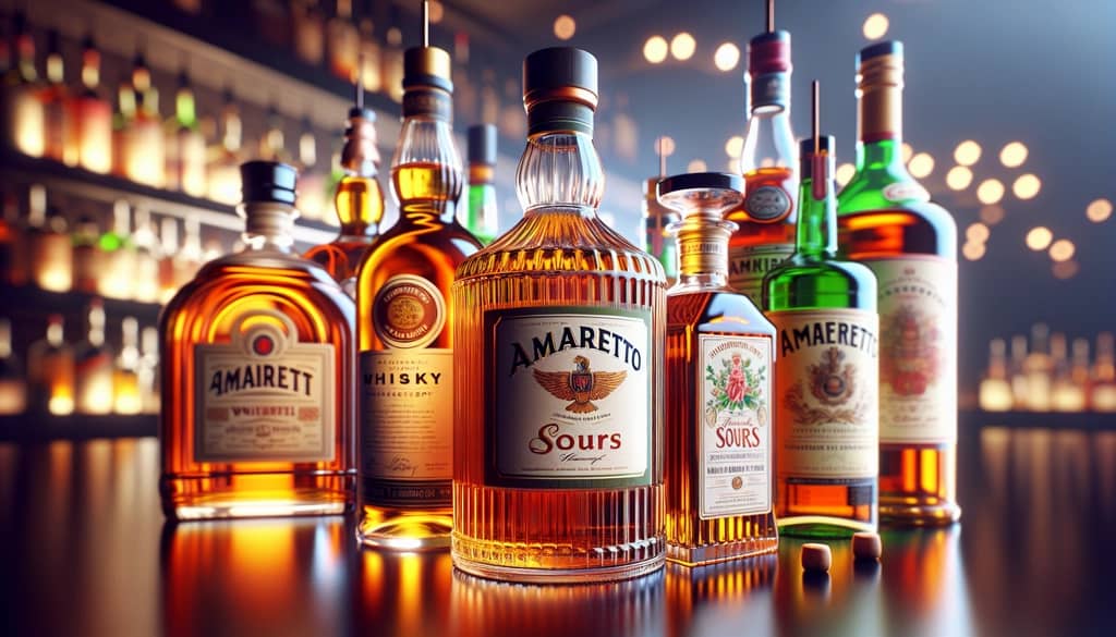 A close-up of different whiskey bottles recommended for Amaretto Sours